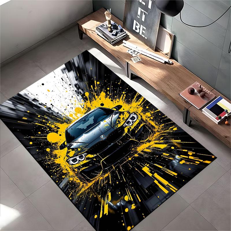 Black Sports Car with Yellow Splash suitable as a non-slip mat for the living room or bedroom sofa
