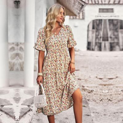 Sommer Damen Kurzarm A-Linie Urlaubs-Kleider mit Blumenmuster und hohem Bund Hals