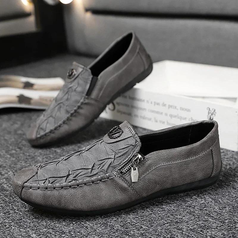 Fashion Leather Men Casual Shoes Outdoor Breathable Walking Shoes Lightweight Mens Loafers Lazy Shoes Soft Sole Male Sneakers