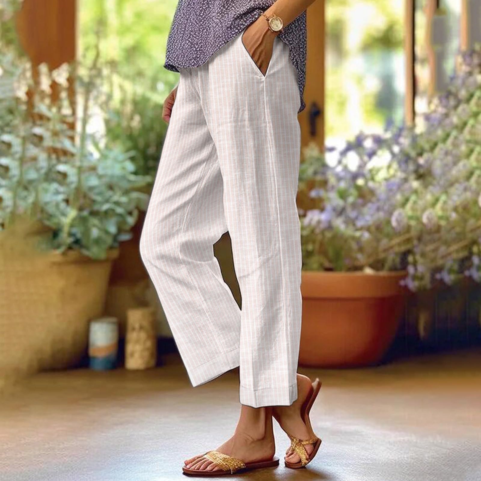 Women s Loose-fitting Striped Pocket Cotton Linen Elastic Waist Straight Leg Striped Trousers L