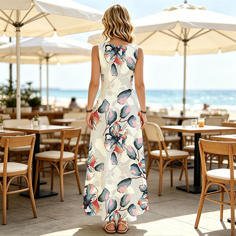 Sleeveless Long Dress Bohemian Floral Print,Lightweight Loose Fit,Summer Elegant Vacation Dress for Spring Fall Layering