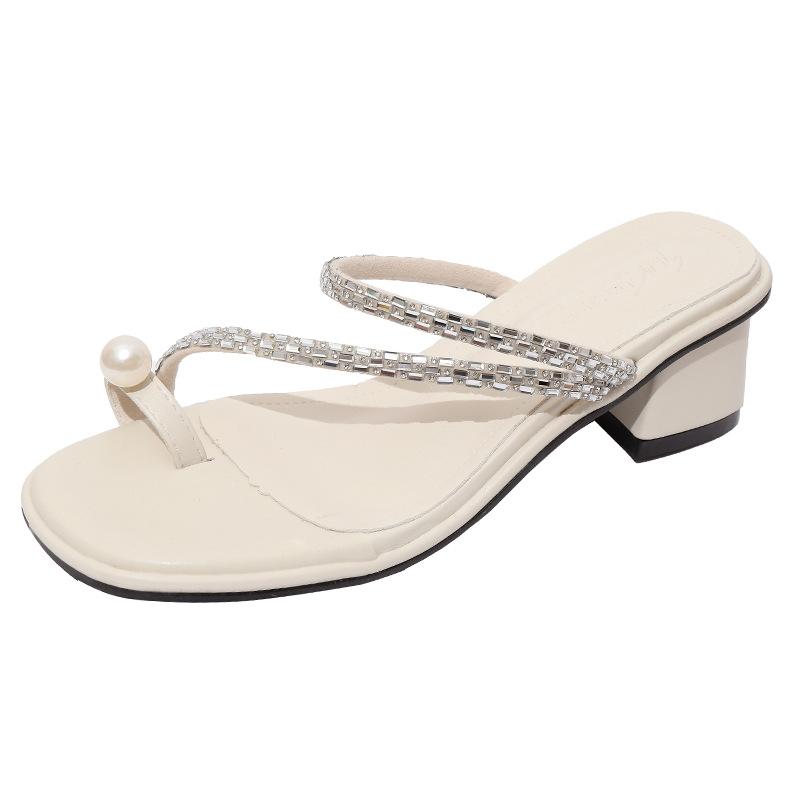 Set of toe rhinestone thick heel cool slippers women's outer wear pearl middle heel summer wind new 2025 toe sandals