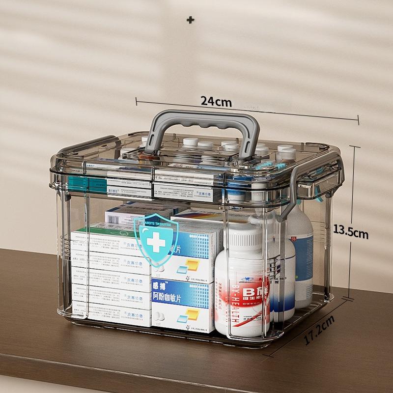 

1pc Handle Durable Double-Layer Medicine Storage Box, Transparent Gray Waterproof Design, Easy-Open Lid for Home and Travel прозорий