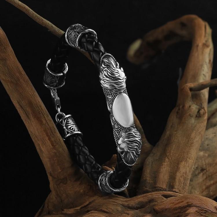 

Мужской кожаный браслет из стерлингового серебра 925 пробы Lion Model S