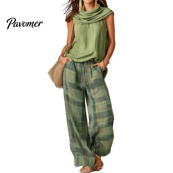 Casual Sleeveless Top Women Pants 2-Piece Set, Summer Ruffle Mock Neck Vacation Wear & Plaid Wide Leg Pants, Vintage Loose Outfit Set Relaxed