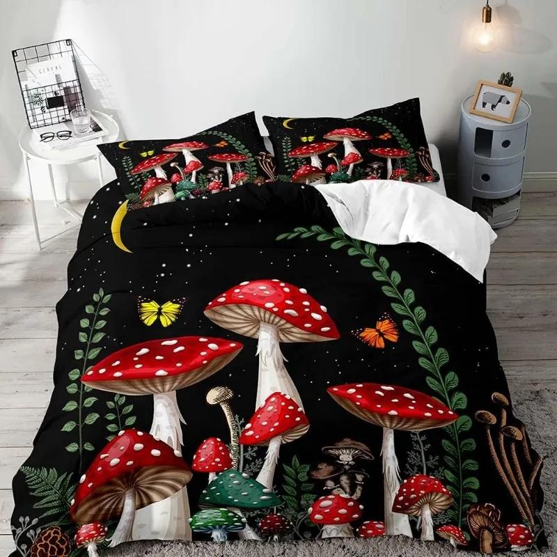 Aesthetic Boho Duvet Cover Full,3PCS  Bedding Set,Green Plant Botanical Fungus Beige Comforter Bedspread Quilt Cover