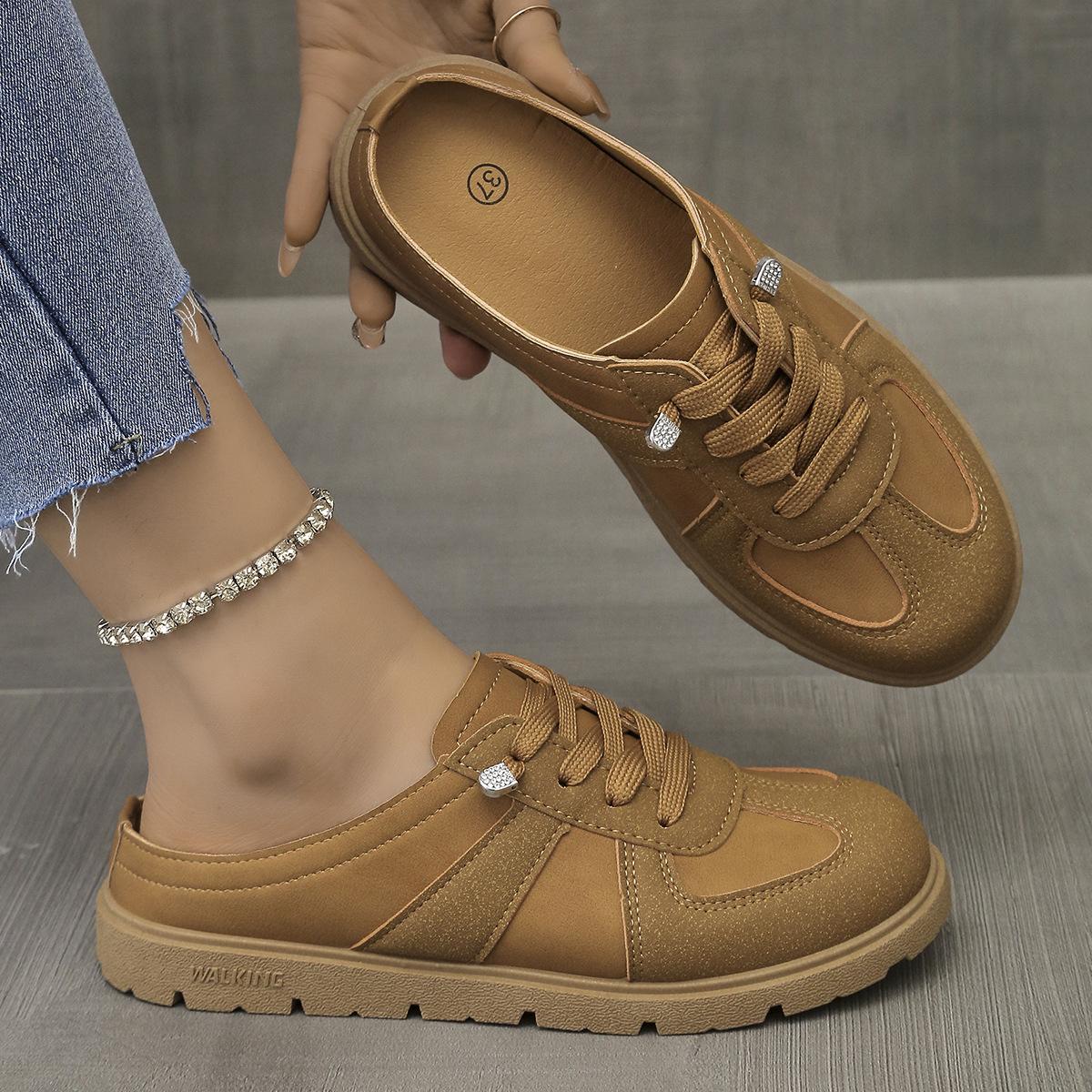 

Большие размеры, женские туфли на одной педали, со шнуровкой и полуторослойным плетением, весна и осень 2025 г., легкие, простые и универсальные, женские тапочки-мешки 40 темно-коричневого