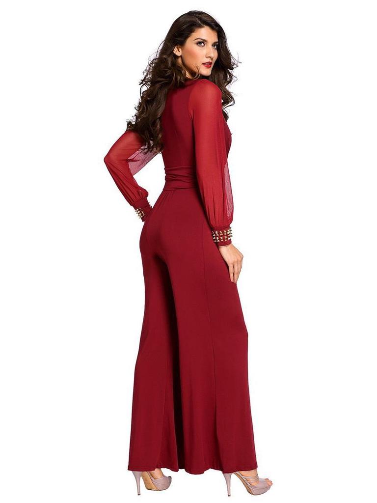 Women's V-Neck Mesh Stitching Rivet Straight-Leg Jumpsuit In Stock