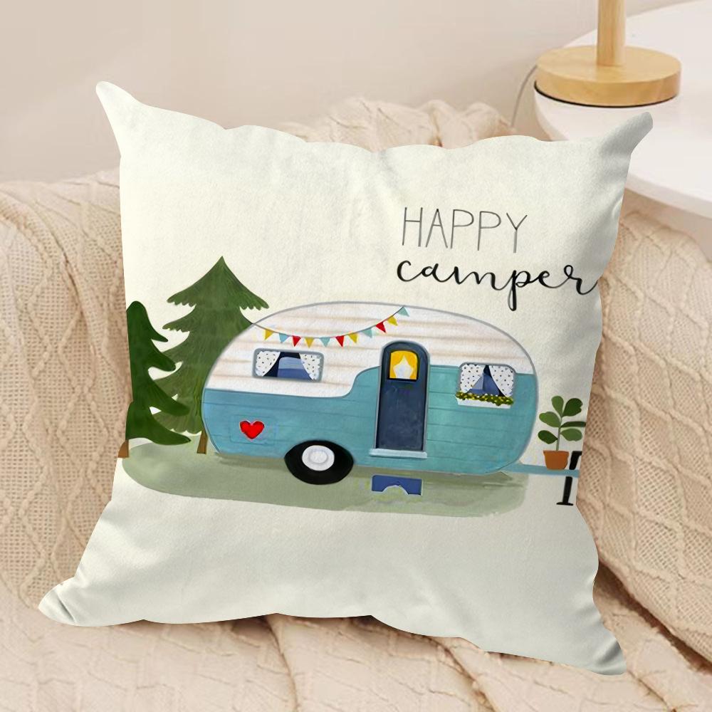 Happy Camping Rv Camper Car Cushion Cover Silky Short Plush Invisible Zipper Dustproof Sofa Pillow Case For Home Decor