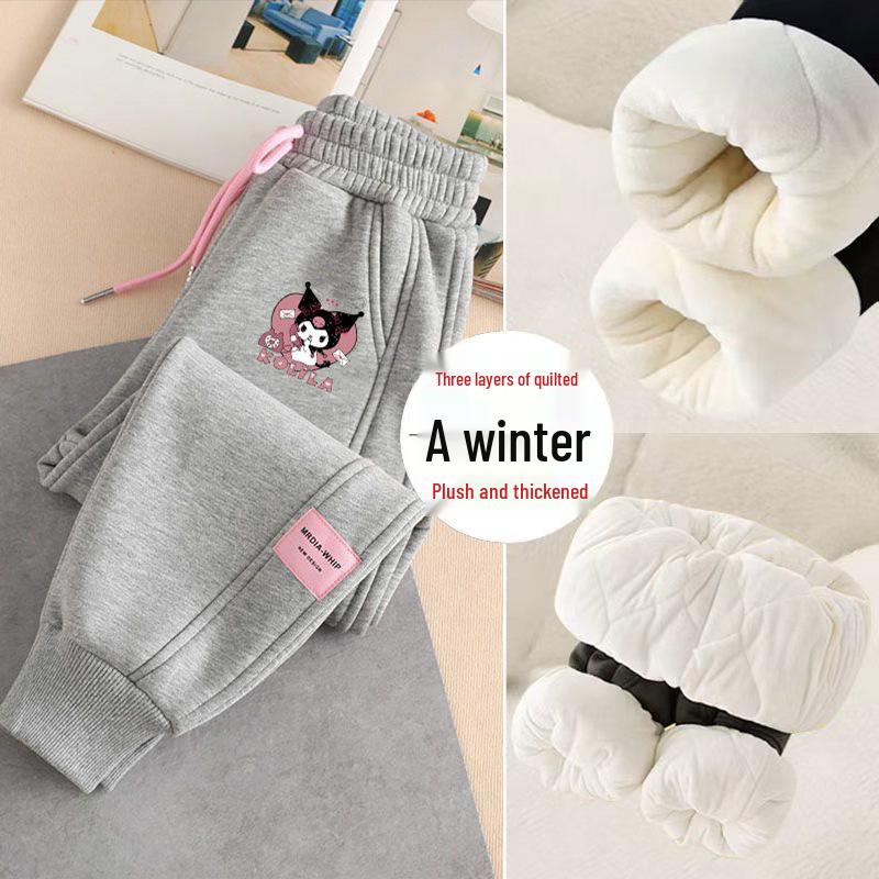 Kuromi Girls' Fleece-Lined Sweatpants - Cartoon Print, Warm & Thick, Cuffed for Spring/Autumn