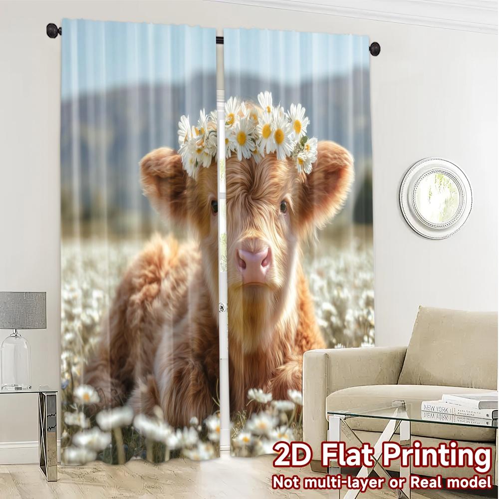 2pcs, 2D FLAT PRINTING Curtains (Without Rod) Daisy Calf Popular Fashionable Curtains Versatile Polyester Fabric Curtains Art