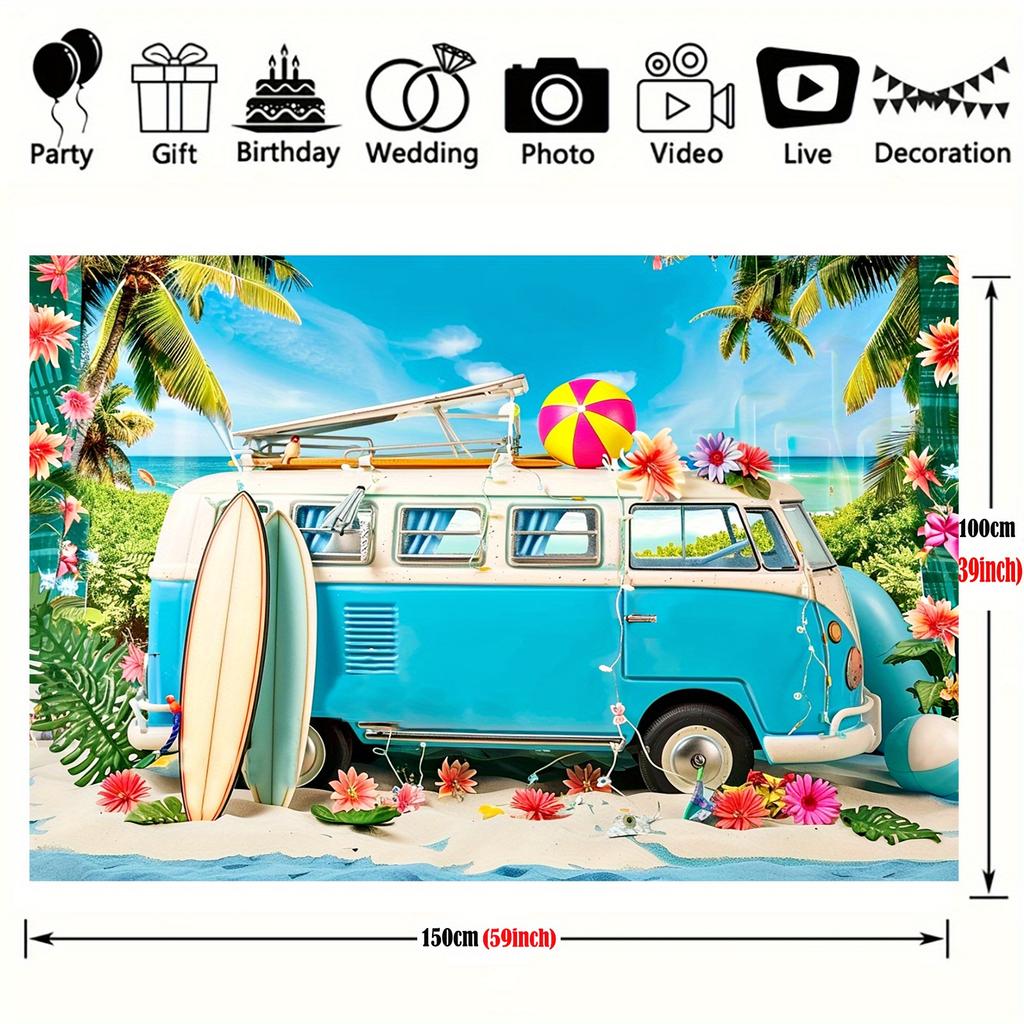 Summer Beach Party Background Banner - Tropical Hawaiian Themed Polyester Photo Background with Vintage Blue Van