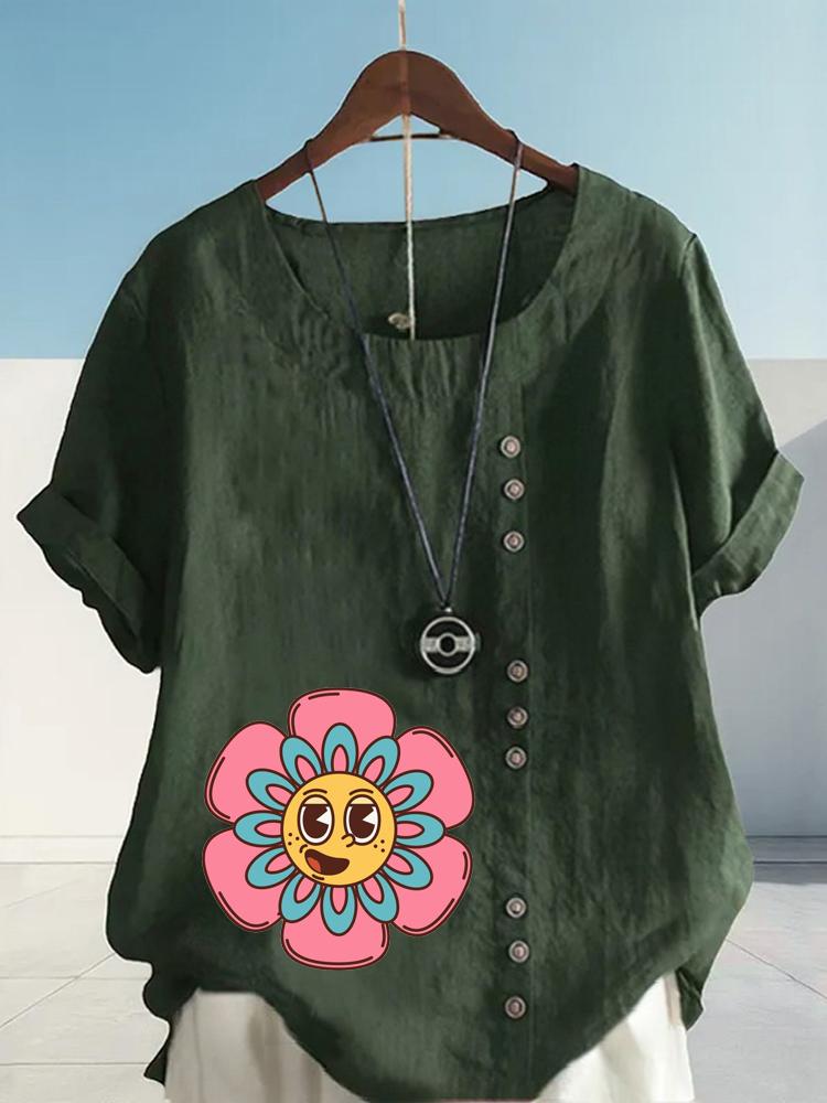 Women's Fashion Sunflower Print Shot Sleeve T-shirt Loose Cotton Shirt Casual Loose Summer Blouse Tops Plus Size