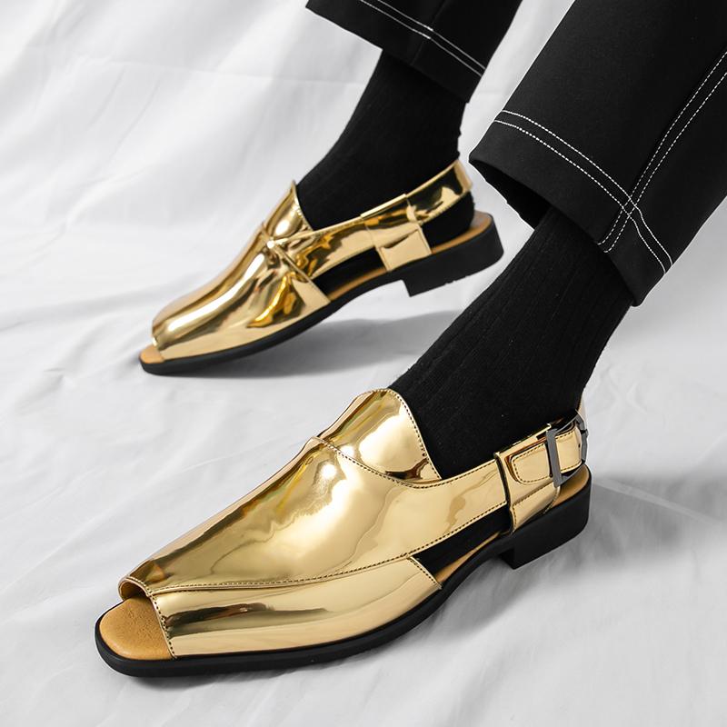 Sandali Gladiatore Estivi da Uomo Oro Argento Punta Aperta Fibbia a Cinturino Pelle Scarpe Casual Traspiranti Sandali da Spiaggia Pantofole da Esterno