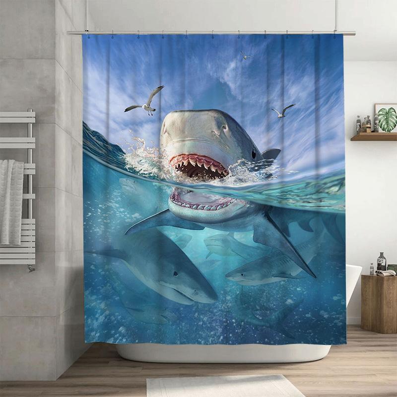 

Blue Ocean Shower Curtain With Giant Shark Print Perfect For Sea-Themed Bathrooms! W60H190(CM)-1 Pcs