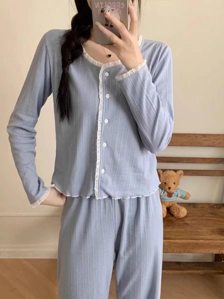 Korean Style Sweet Pajama Set for Girls: Cardigan Long Sleeve with Chest Pads, Wear Outside, Spring/Autumn Casual.