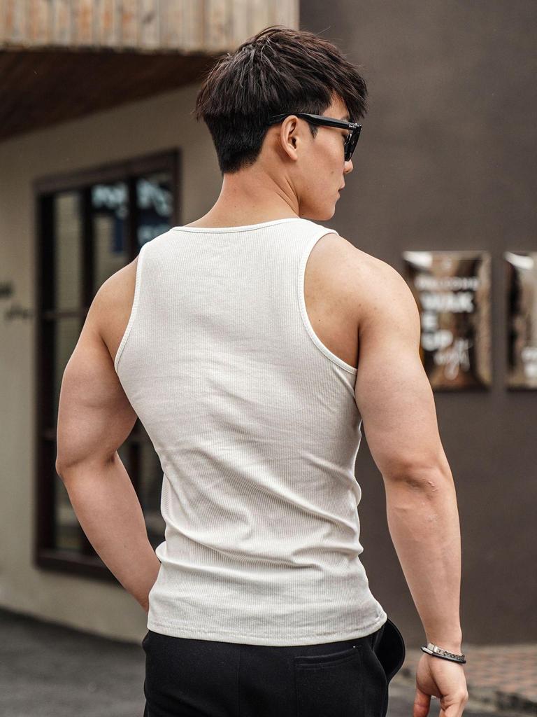 Men's 2025 Summer Ribbed Tank Top - Solid Color, Breathable, Casual Sports Vest for Running and Fitness