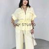 Lapel Curling Short sleeve Linen Blend Travel Hunting Shirts 2273996 High Waist Wide Leg Pants 2116996