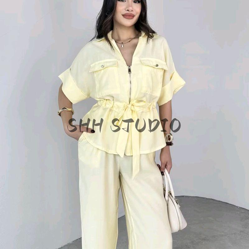 Lapel Curling Short sleeve Linen Blend Travel Hunting Shirts 2273996 High Waist Wide Leg Pants 2116996