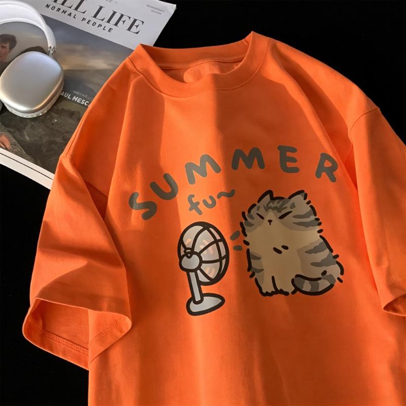 Korean Fashion Street Creative Blow Fan Cat Printing Tshirt for Women Summer Comfortable Short Sleeve Graphic Couple Clothes
