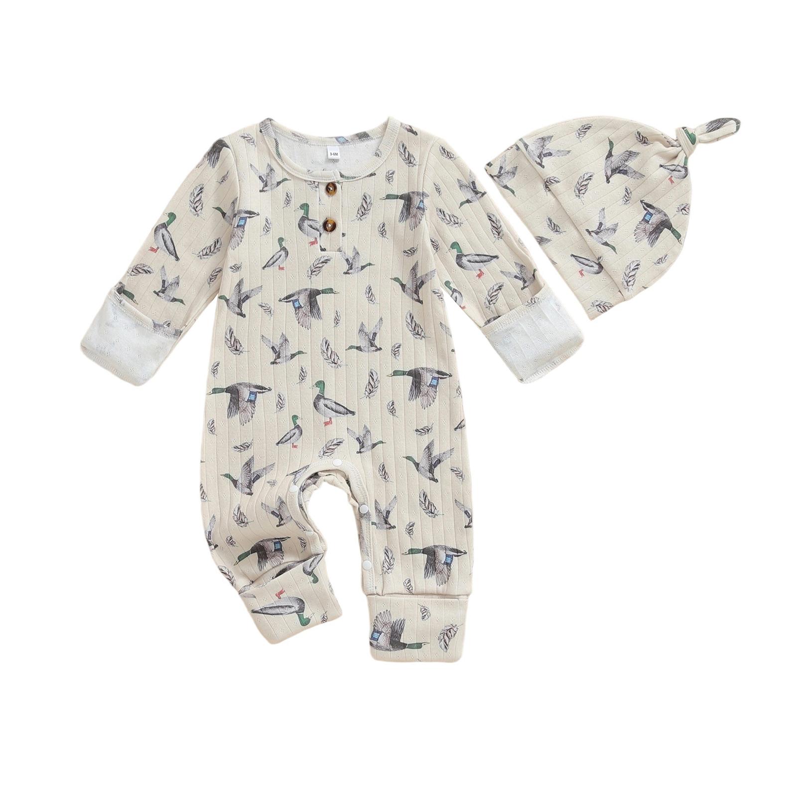 Newborn Infant Baby Boys and Girls Romper Cow Golf Printed Long Sleeve Jumpsuit with Hat newborn