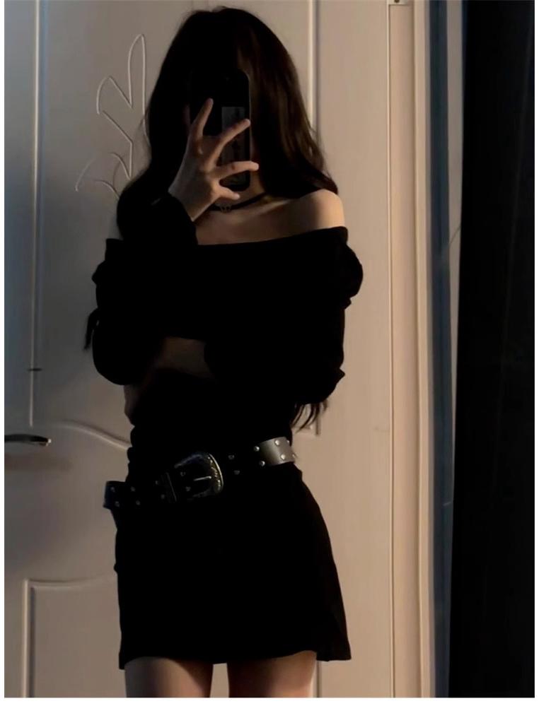 Y2K One-Shoulder Black Knit Dress: Sexy Autumn/Winter Bodycon Mini for Mature Women