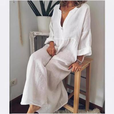 Damen Einfarbiges Baumwollleinenkleid Urlaub Stilvoll V-Ausschnitt Langes Kleid Frauen Herbst Sommerkleid