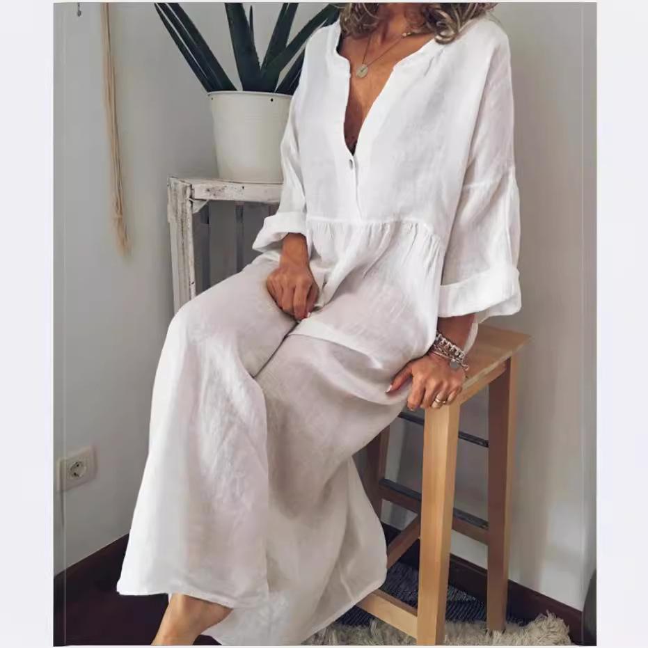 Female Solid Cotton Linen Dresses Holiday Stylish V Neck Long Dress Women Autumn Sundress