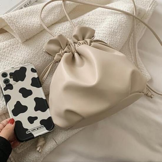 Pleated Drawstring Pouch, Shoulder or Crossbody, Compact, Small, Lightweight, Korean PU Leather (White)