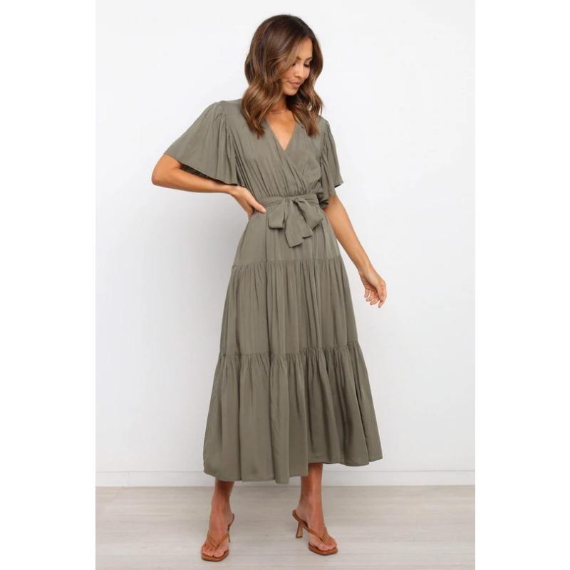 2025 Summer V-neck Short Sleeved Casual Dress Elegant Women Commuter Lace-up Waist Office Casual Party A-line Dresses Female Women's Clothing