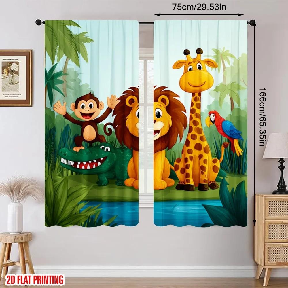 2pcs Animal Printed Curtains   Cartoon Design   Rod Pocket   Polyester   Window Decor for Kids Room   Playroom   Nursery Decor
