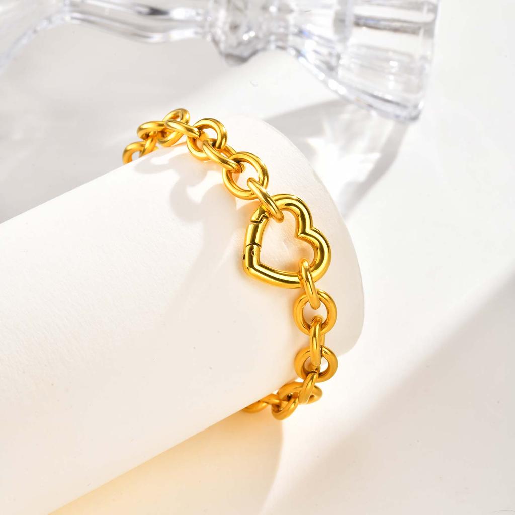 Punk Thick Chain Hollow Heart Charm Bracelets for Women, Fashion Gold Color Stainless Steel Chunk Bracelet, Jewelry for Party