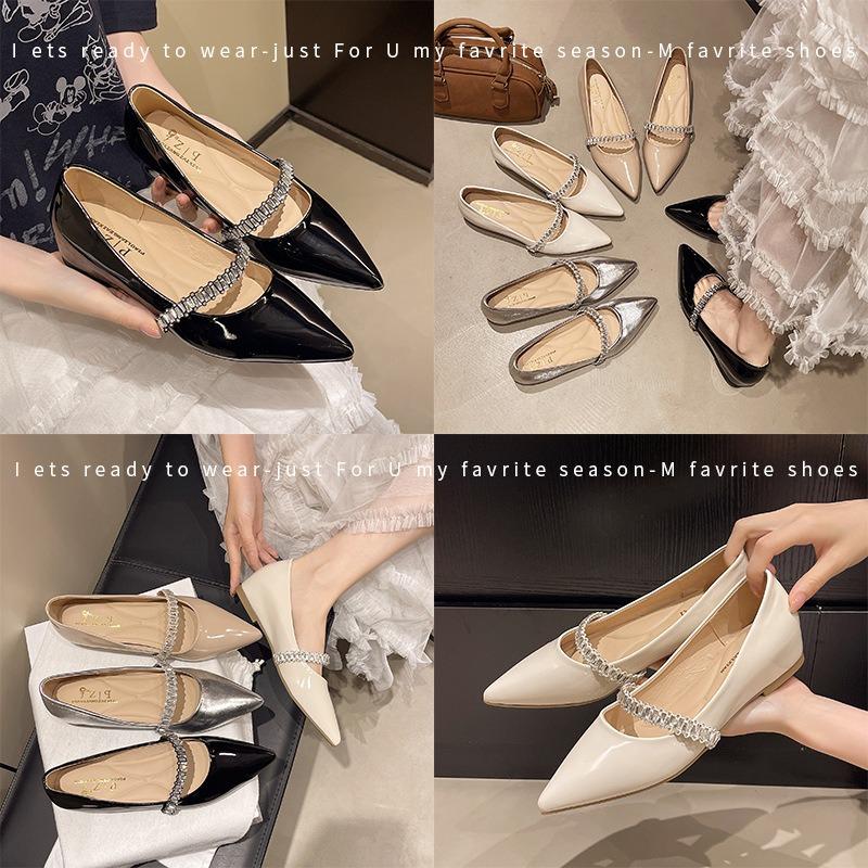 Autumn New Rhinestone Pointed Flat Shoes Women's Shallow Mouth Inner Height Increase Single Shoes Commuting Soft Sole Mary Jane