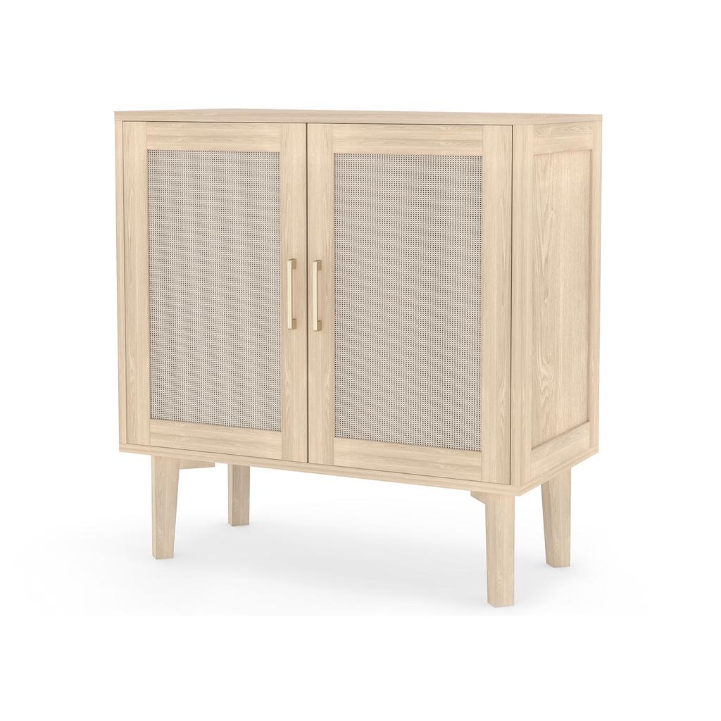 78x38x82cm Buffet Cabinet with Rattan Decor Doors Solid Wood Feet Multifunctional Sideboard Cabinet for Dining Room Kitchen