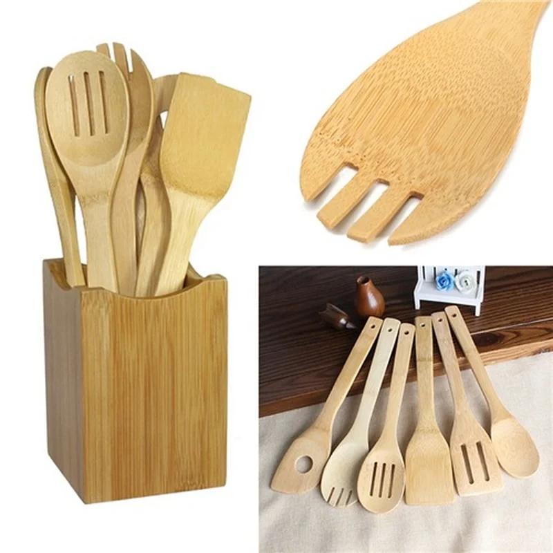 Kitchen Tools 1/6pcs Bamboo Spoon Spatula Kitchen Utensil Wooden Cooking Tool Mixing Set