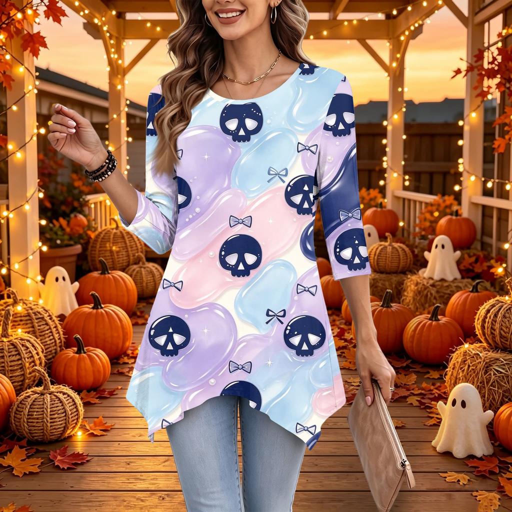 Women's Casual Halloween Print Top, Loose Fit Three-Quarter Sleeve