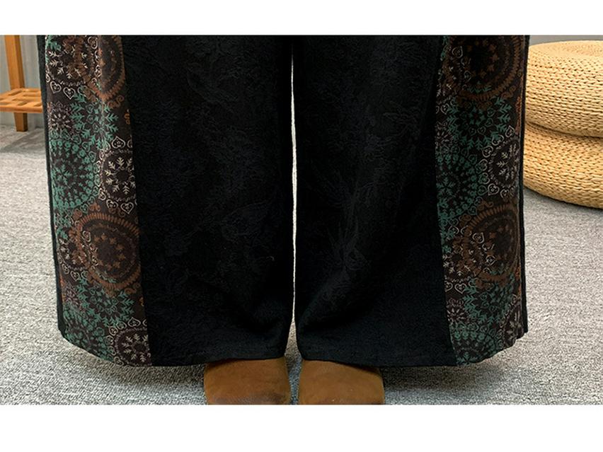Women's Ethnic Retro Jacquard Wide-Leg Pants, Spring 2025 - Loose, Slimming, Frog Button Patchwork Culottes