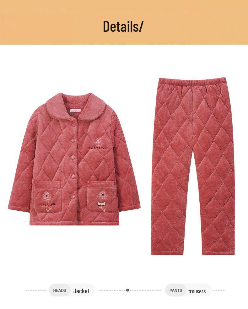 Damen Winter Korallfleece Gesteppter Pyjama - Dickes Flanell Warmes Hausanzug-Set für Mittelalte und Ältere Mütter