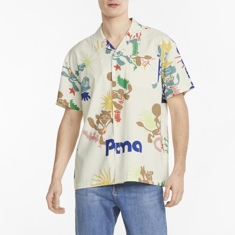 Puma Adventure Planet Aop Letter Print Square Neck Short Sleeve Shirt Men Shirts White 533484-65