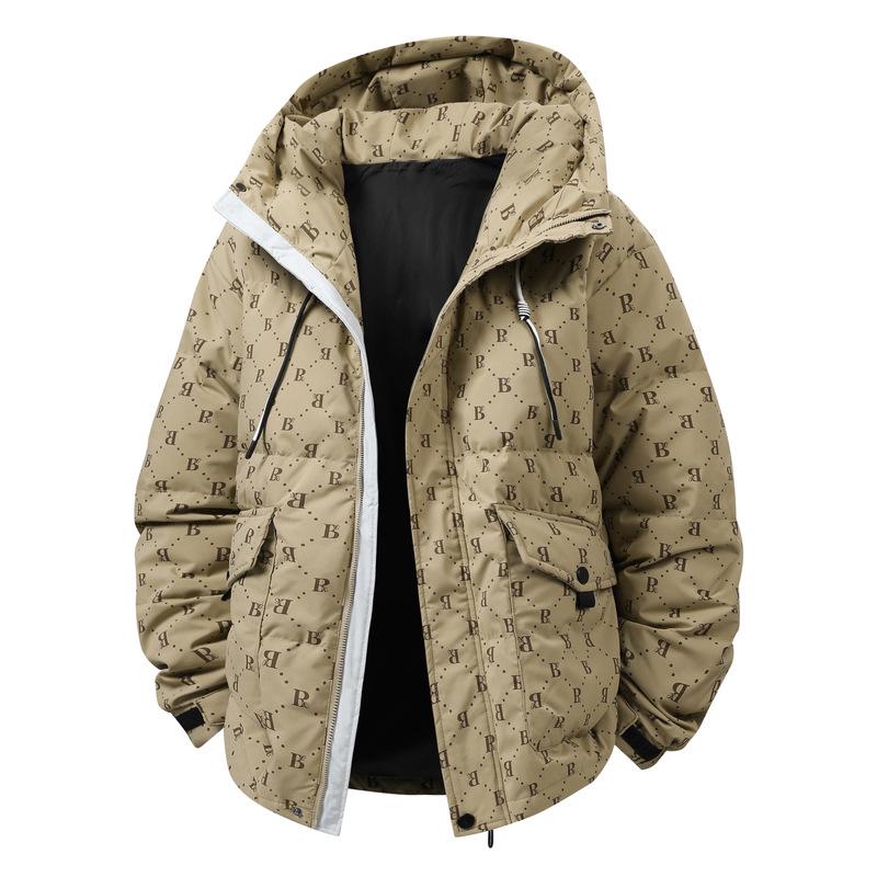 

Men s 2025 Winter Down Jacket - French Style, Trendy Korean B-Print, White Duck Down Warm Outerwear. XL кавовий