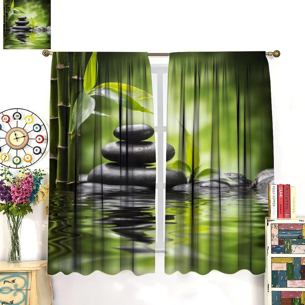 Zen Stone Blackout Curtains   Asian Japanese Green Bamboo Black Zen Stone Relaxing Window Drapes   for Bedroom Living Room 42" W X