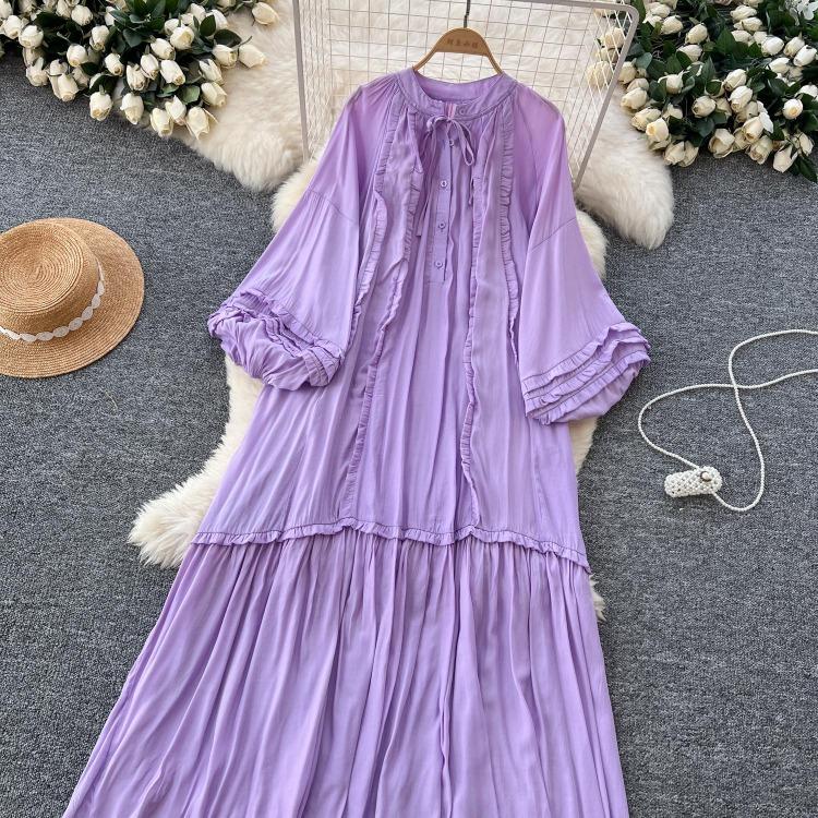 Lanterna Vintage Allacciatura Ruffle Vestito Maniche Lunghe Elegante Ampio Scollo O Moda Coreana High Street Abbigliamento Donna