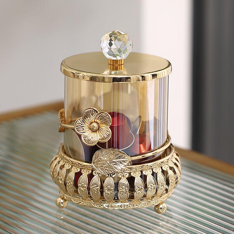 European Glass Candy Jar Gold Cutout Jewelry Cosmetic Storage Box Household Nut Fruit Jewelry Storage Box Gold Flower Decoration