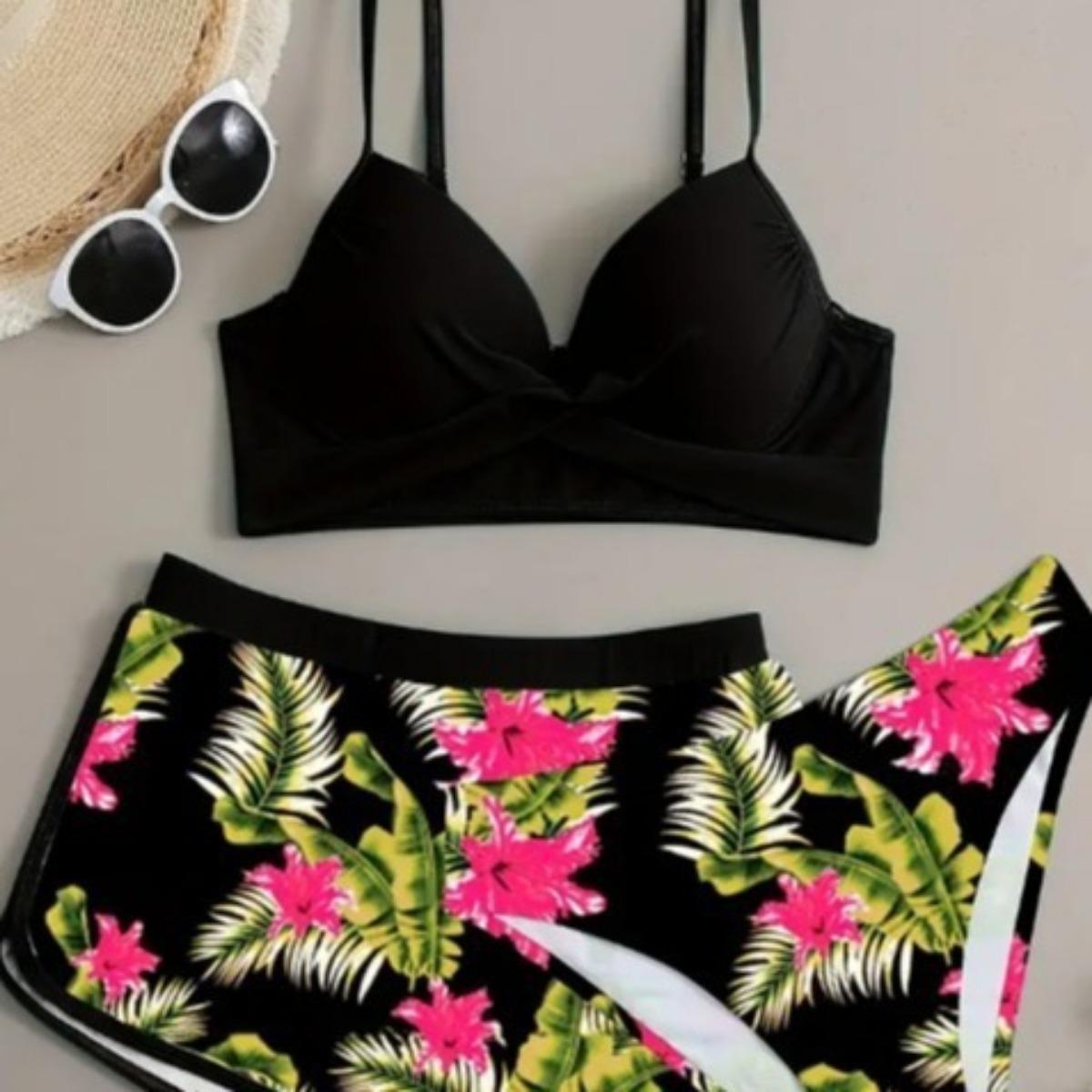 

ЖЕНСКИЙ КОМПЛЕКТ БИКИНИ С ЦВЕТОЧНЫМ ПРИНТОМ - V-образный вырез, смесь высокоэластичного нейлона и эластана, непрозрачный - Модные купальники XL красный