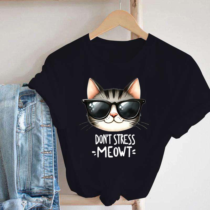 New Cat Don'T Stress Meowt Printed T Shirt Women Teens Fashion Hip Hop Harajuku Casual Short Sleeve Unisex Tops Tees