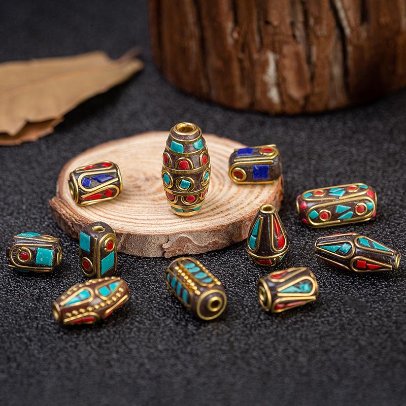 Handmade Ethnic Retro Buddhist Copper Beads with Inlaid Turquoise and Brass Spacer Beads.