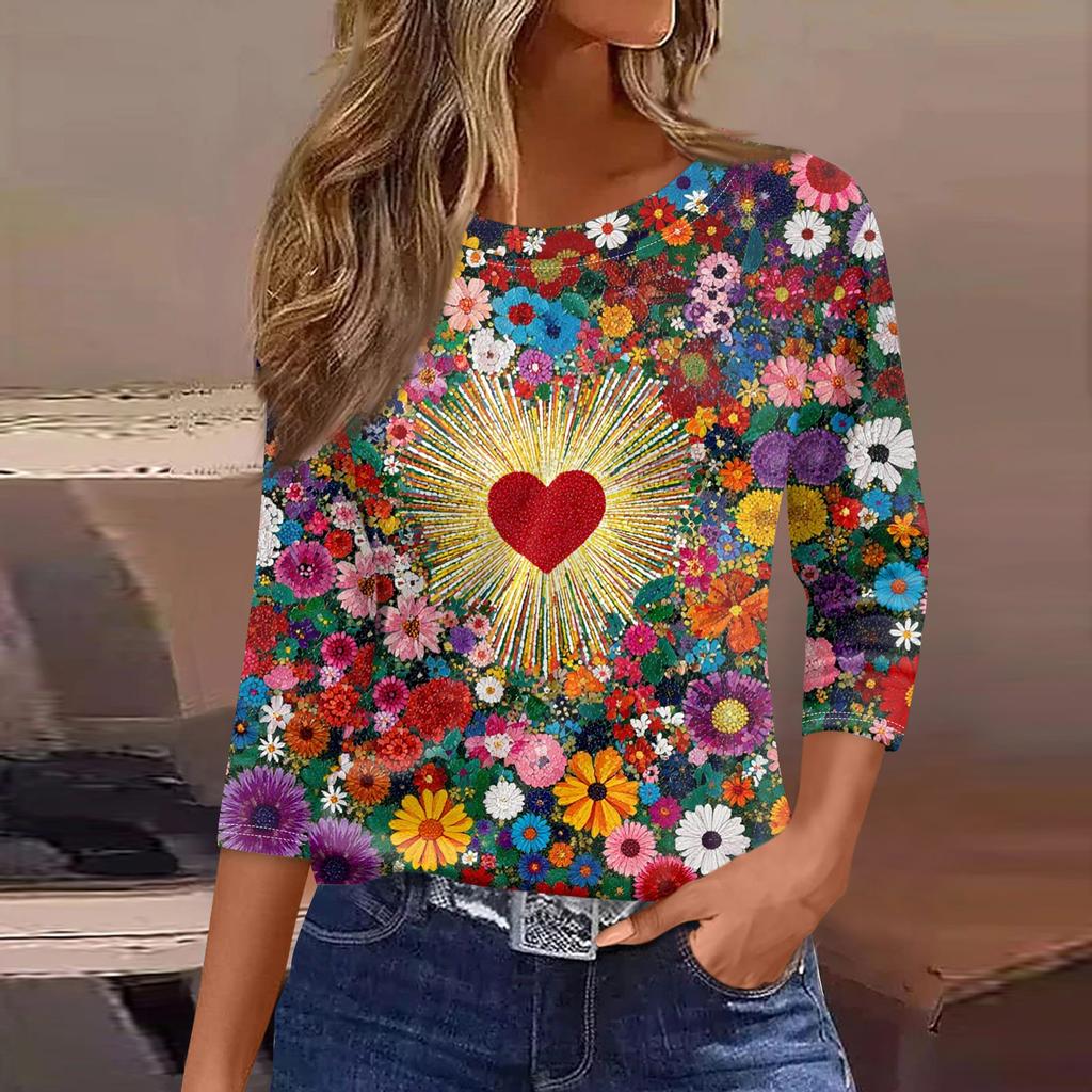 Women's Fashionable Casual Three Quarter Sleeve Printed Round Neck Top