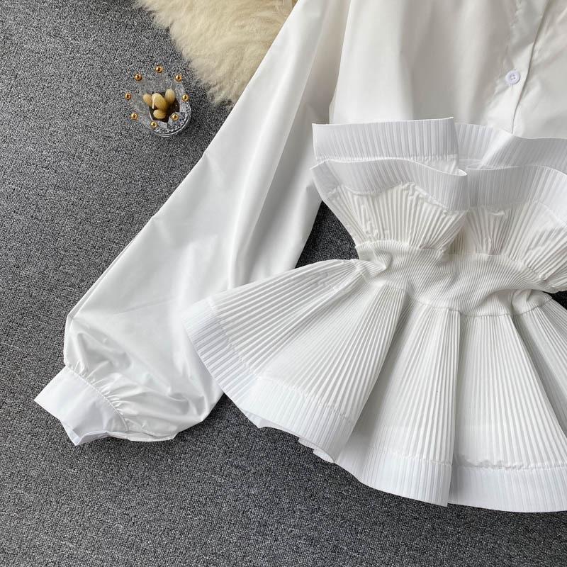 Langarmshirt Damen Dreidimensionale Plissee Rüschen Taille Temperament Vielseitige Frühlingsbluse