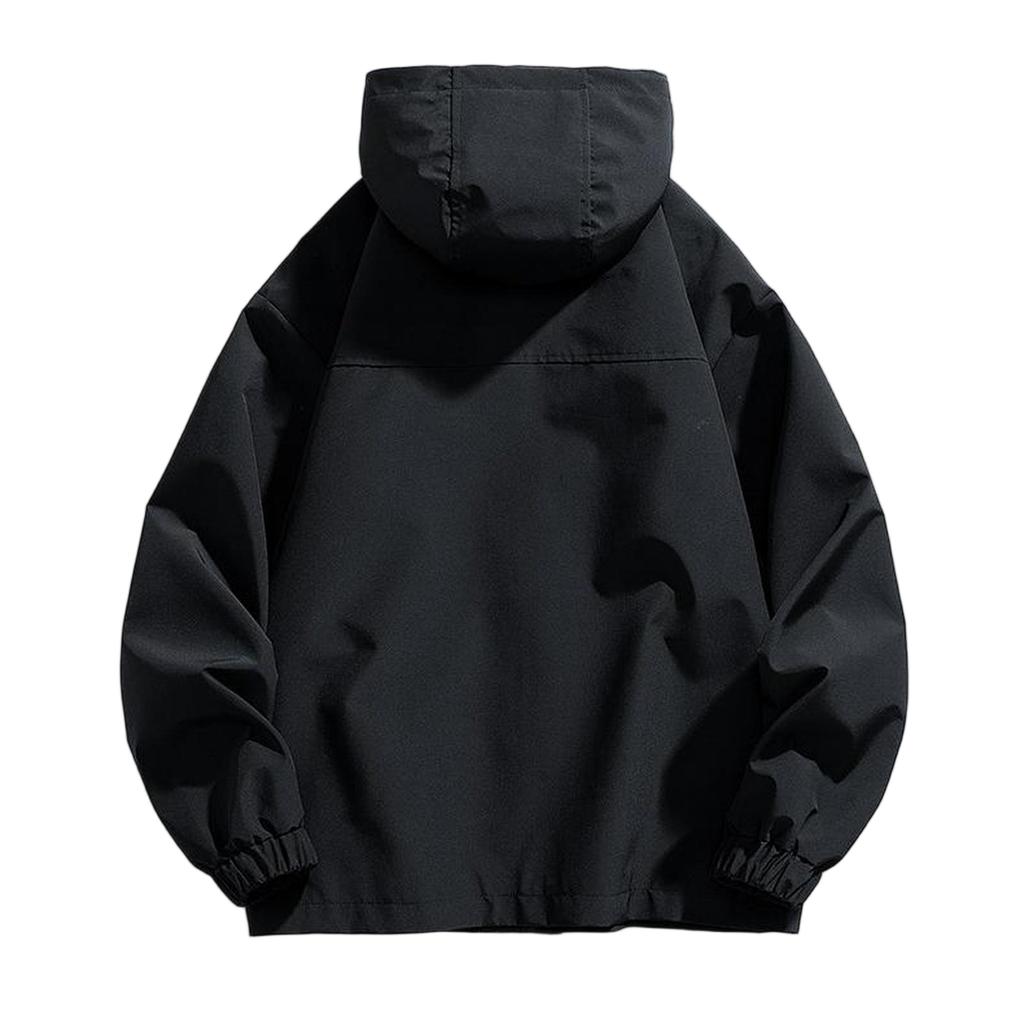 Men's Large Size Trend Casual Top Youth Hooded Everything Loose Jacket Elastic Drawstring Solid Color Windproof Jacket