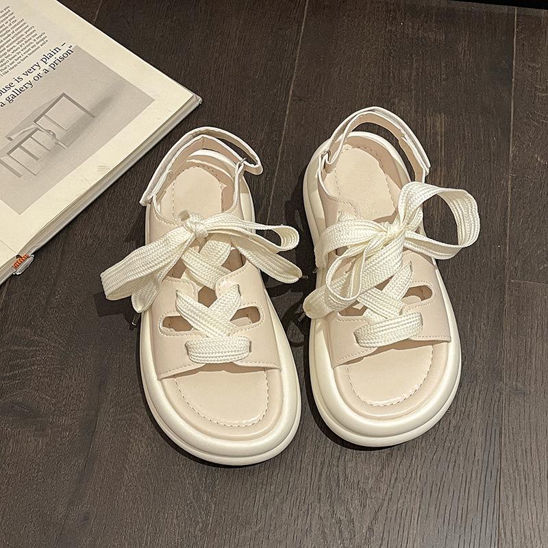 Fashion Thick Bottom Sports Sandals Women Summer Shoes Hollow Breathable Strappy Roman Shoes Beige Black Flat Leisure Soft Sole Sandales